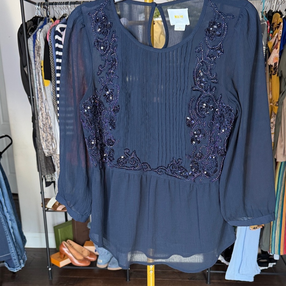 Maeve‎ Navy Beaded Pintuck Peasant Top